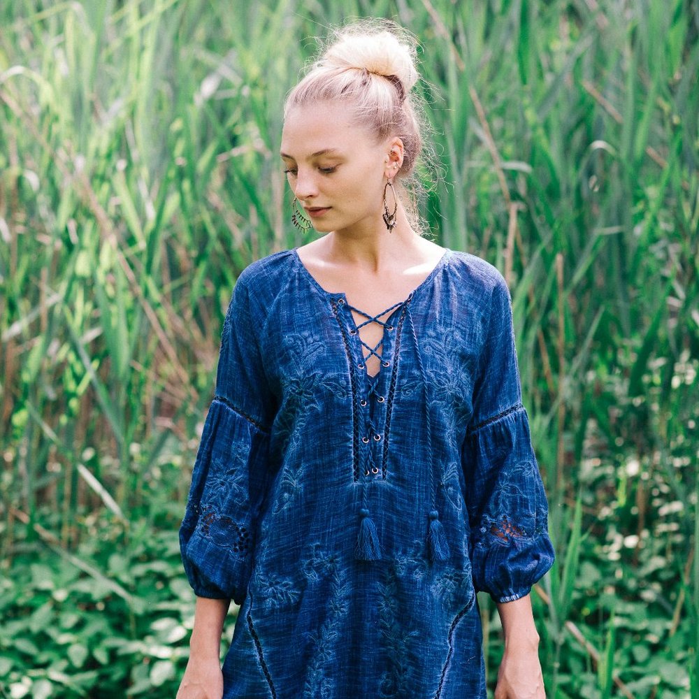 Lace Up Neckline Poet's Shirtdress- in Ocean Blue